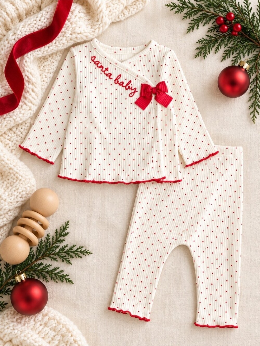Mud Pie Santa Baby 2pc Outfit 3-6M Christmas Polka Dot Set NWT